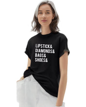 Load image into Gallery viewer, Lipstick, Diamonds Bags Shoes Print Casual Tshirt. Available in 3 Colours